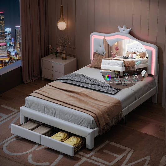 Kinderbed – Peuterbed – Eenpersoonsbed – Meisjesbed – Prinsessenbed – 140x200 cm – Met Kroonvormige Hoofdsteun – Inclusief Opberglades - QUORE