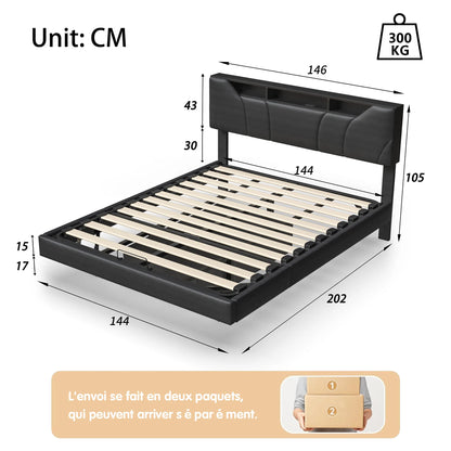 Gestoffeerd Tweepersoonsbed – Opbergbed – Slaapbank – Led Bed – Boxspring – Zwart 140x200 cm – Hydraulische Opbergruimte – Verstelbaar Hoofdeinde