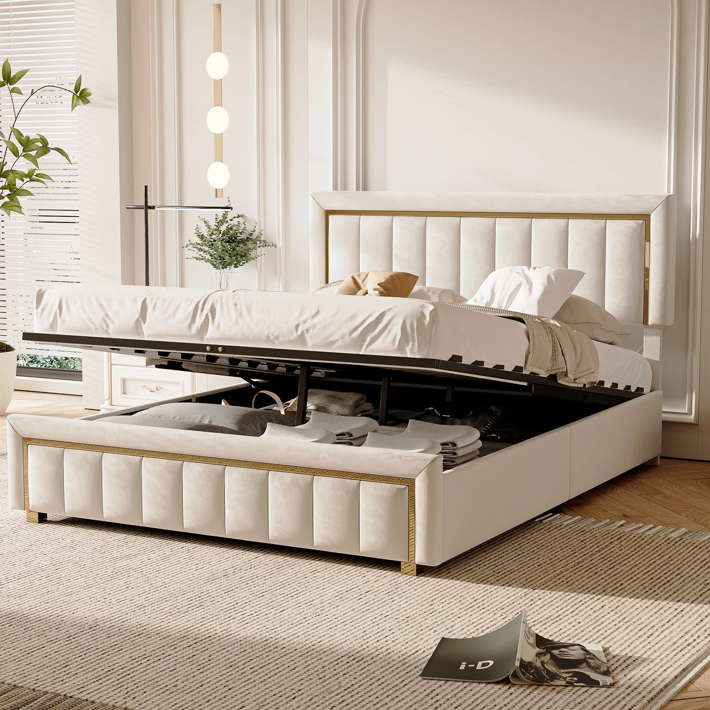 Rosahqnda Padded Platform bed with Hydraulic Storage System, Double Bed frame Modern Box Spring bed Without Mattress