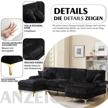 U-vormige Hoekbank – Loungebank – Sectional Bank – Sofa – Zwarte Chenille Bekleding – Verstelbare Rugleuningen – Gouden Metalen Poten