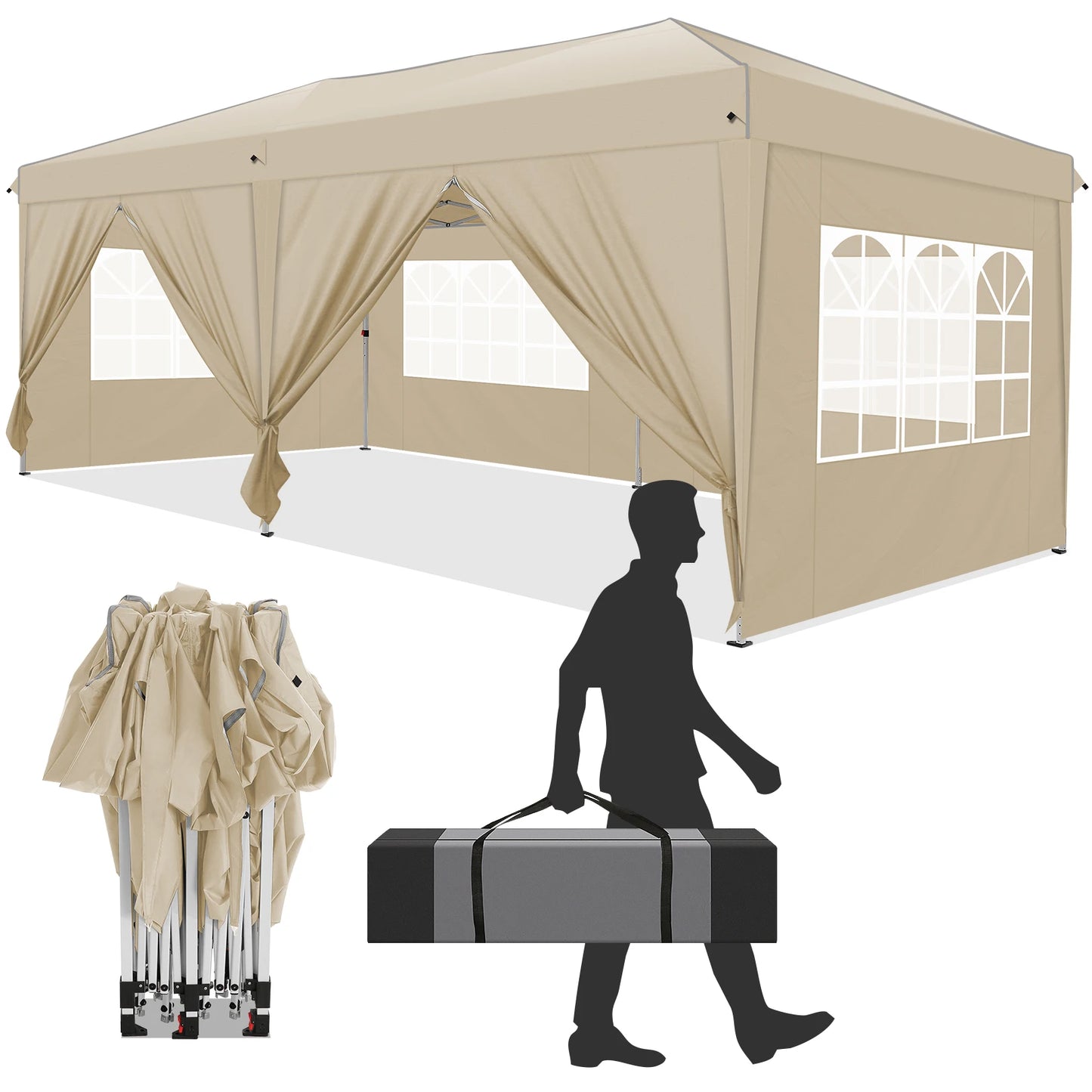 Vouwwagen – Pop-Up Tent – Opvouwbare Tent – Buiten Tent – Waterafstotend Oxford – 3x6 Meter – 6 Afneembare Zijwanden - Khaki