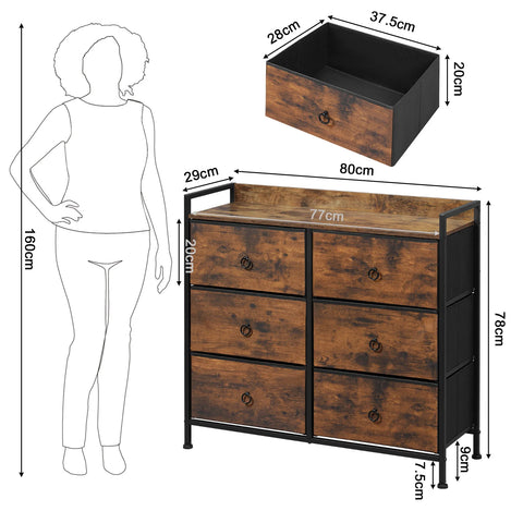 Ladenkast - Dressoir Kasten - Ladekast met 6 Stoffen Lades - Stevig & Stijlvol - Industriële Opbergkast - Metaal & Hout - Voor Woonkamer - Slaapkamer  - Hal  - 80x29x78cm - Vintage Bruin