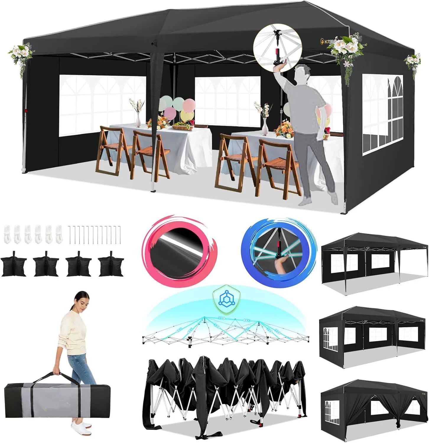 Pop-Up Partytent – Pop-Up Tent – Gazebo – Evenemententent – Feesttent – Waterdichte Oxford-Kap – 3x6 Meter – Met 6 Afneembare Zijwanden - Zwart - QUORE