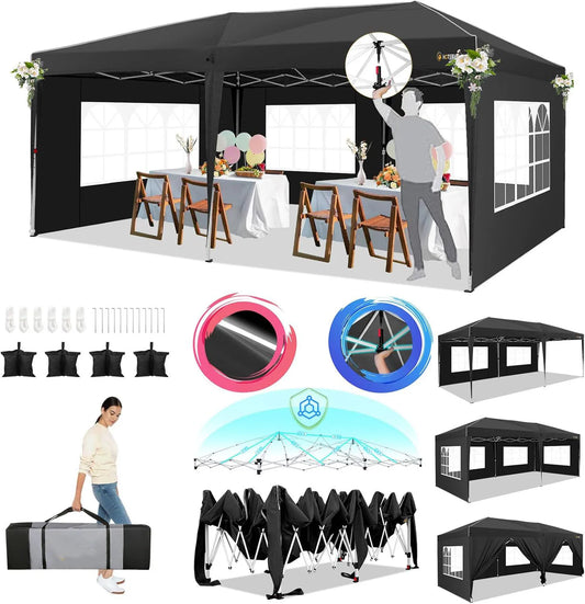 Pop-Up Partytent – Pop-Up Tent – Gazebo – Evenemententent – Feesttent – Waterdichte Oxford-Kap – 3x6 Meter – Met 6 Afneembare Zijwanden - Zwart - QUORE