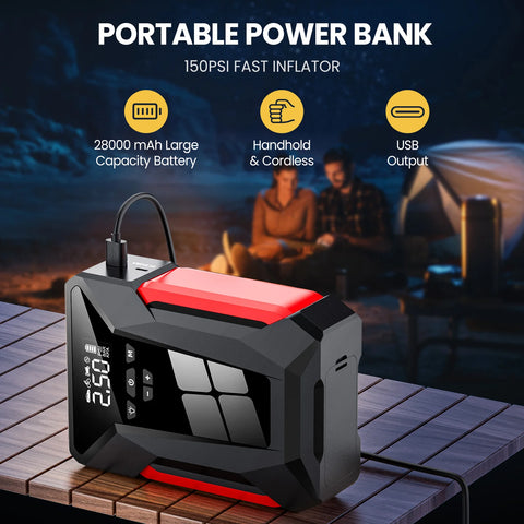 Jumpstarter - Jumpstarter voor Auto - 28000mAh - Auto Startapparaat - Jumpstarter met Powerbank & 150PSI Bandenvuller - Multifunctionele Jumpstarter - Zwart