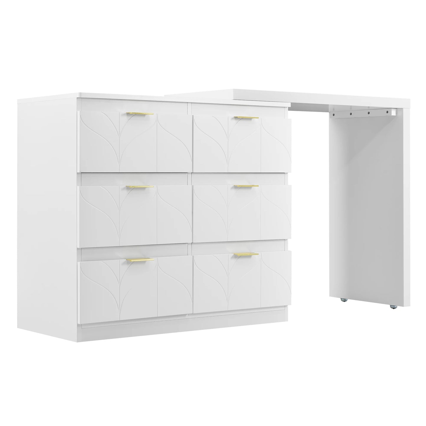Dressing Table – Kaptafel – Make-up Tafel – Opbergmeubel – Bureau – Wit Met Gouden Handgrepen – 6 Lades – Draaibaar Tafelblad 180°