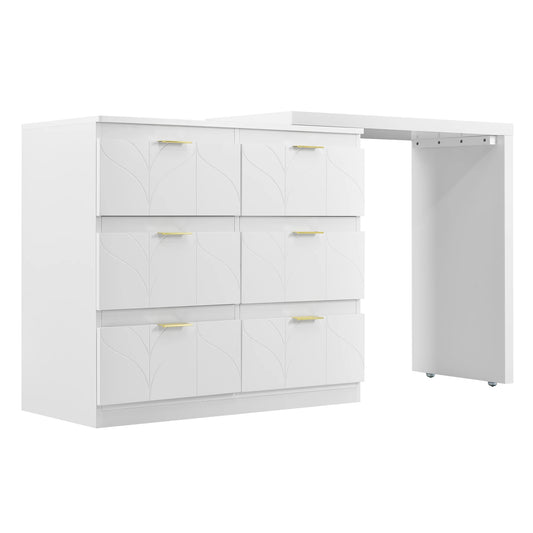 Dressing Table – Kaptafel – Make-up Tafel – Opbergmeubel – Bureau – Wit Met Gouden Handgrepen – 6 Lades – Draaibaar Tafelblad 180°