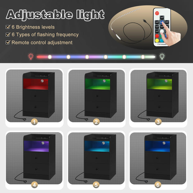 Nachtkastje - Bijzettafel - Nachtkastje met Oplaadstation – 2 USB-poorten - 2 Stopcontacten – Bijzettafel met Verstelbare LED-Verlichting – Houten Overbedtafel – Modern Slaapkamermeubel - 40x64x35 cm - Zwart