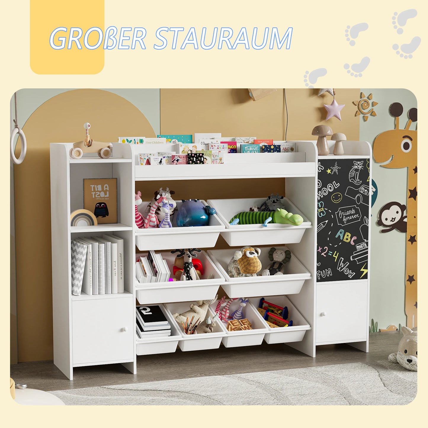 Kinderboekenplank – Kinderboekenrek – Speelgoedkast – Opbergrek Kind – Boekenkast Kinderkamer – Met Krijtbordwand – Afmetingen 137x30x94,5 cm – Veilig Milieuvriendelijk Hout