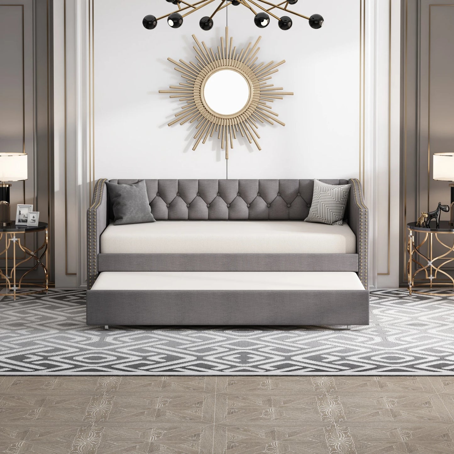Slaapbank – Bedbank – Bankbed – Logeerbed – Opklapbed – Linnen Bekleding Grijs – Uittrekbaar Bed 90x200 cm – Stevig MDF Frame Tot 150 kg