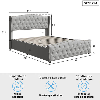 Bed – Bedframe – Tweepersoonsbed – Gestoffeerd Bed – Opbergbed – Lichtgrijs Fluweel – 140x200 cm, Lattenbodem
