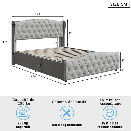Bed – Bedframe – Tweepersoonsbed – Gestoffeerd Bed – Opbergbed – Lichtgrijs Fluweel – 140x200 cm, Lattenbodem