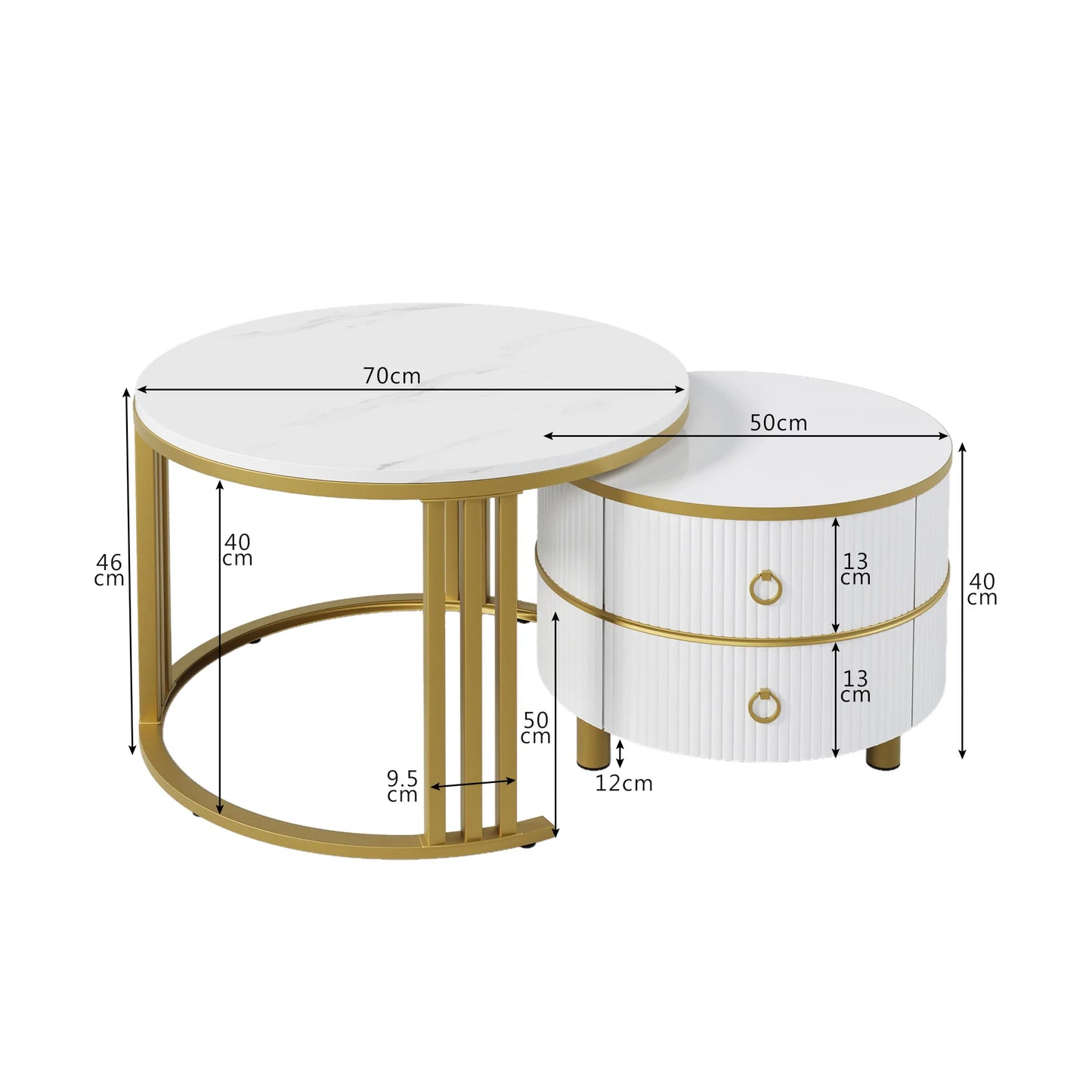 Salontafel - Set Van 2 Bijzettafels – Opbergtafel – Nachtkastje – Moderne Tafels – Marmerpatroon – Gouden Frame - Wit