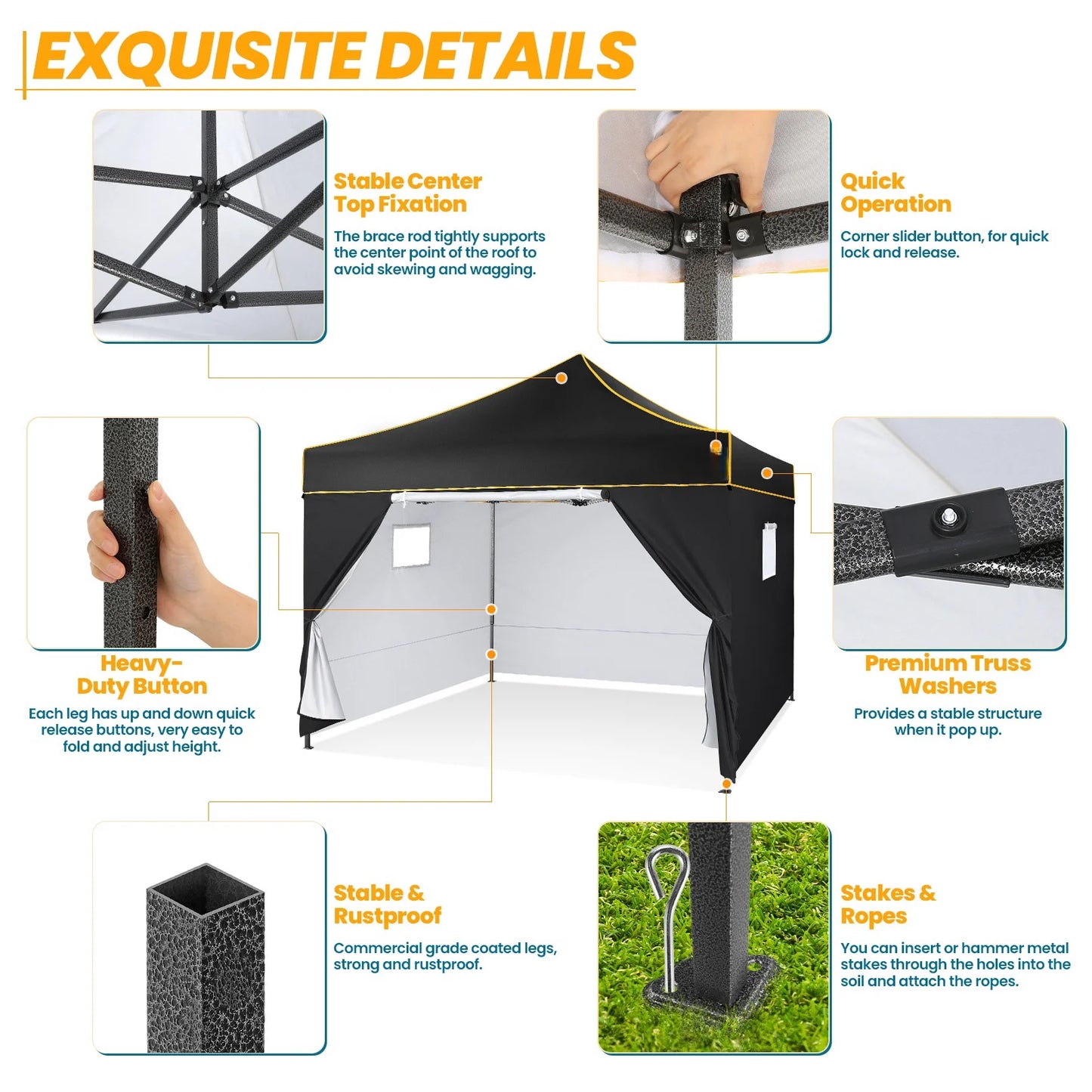 Partytent – Tuin Tent – Marktkraam Overkapping – Camping Schaduw – Waterafstotend – UV-Bestendig – Stevig Stalen Frame - 3x3m - Zwart