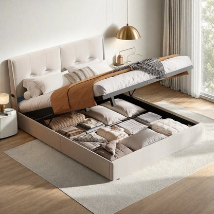 Led-bed – Gestoffeerd Bed – Tweepersoonsbed – Opbergbed – Lattenbodem – 140x200 cm – Met LED-verlichting en Opbergruimte