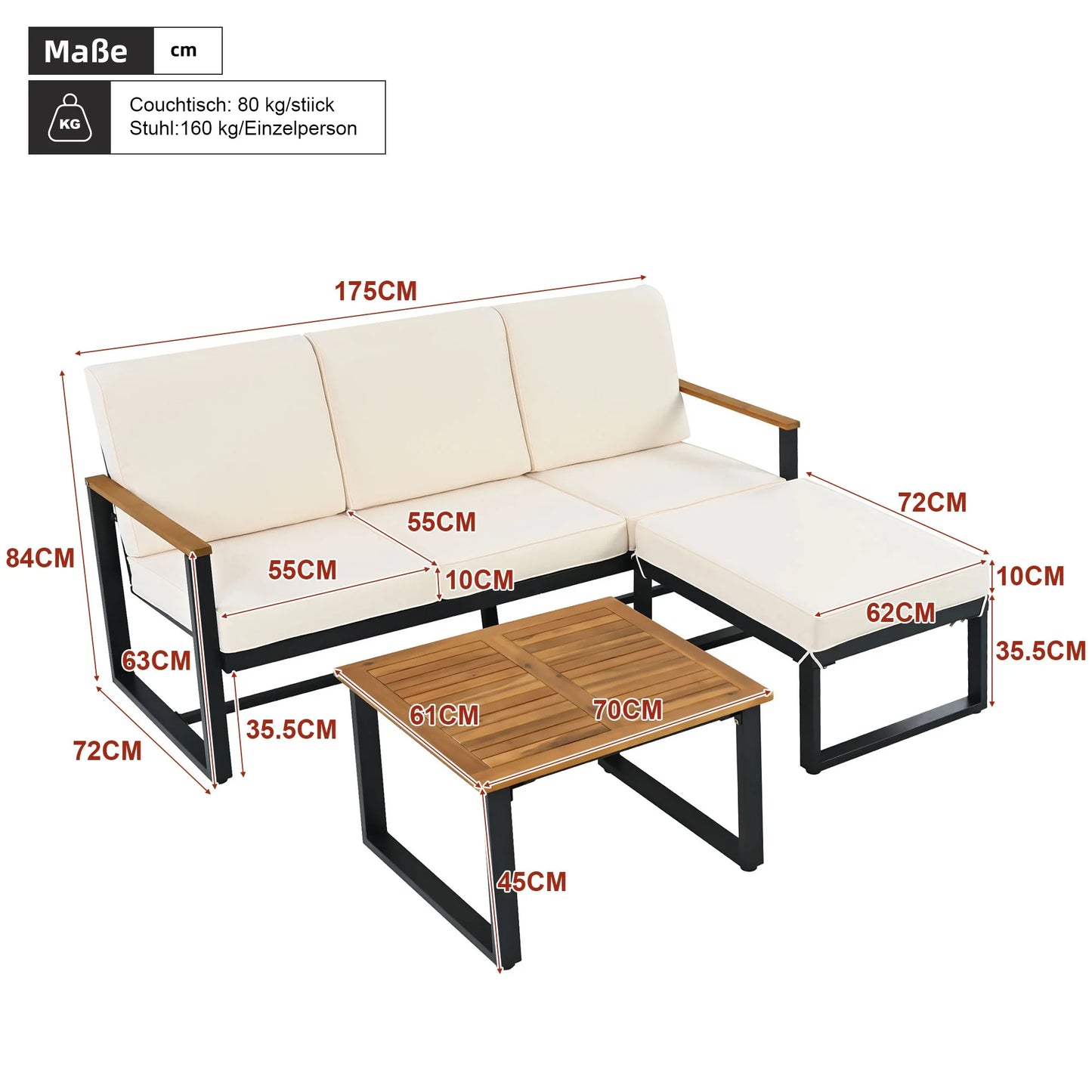 Tuinmeubelset – 3-Delige - Loungeset - Hoekbank – Voetenbank – Salontafel – Gegalvaniseerd Stalen Frame – Acaciahouten Tafelbladen - Wit