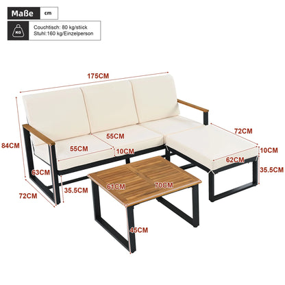 Tuinmeubelset – 3-Delige - Loungeset - Hoekbank – Voetenbank – Salontafel – Gegalvaniseerd Stalen Frame – Acaciahouten Tafelbladen - Wit