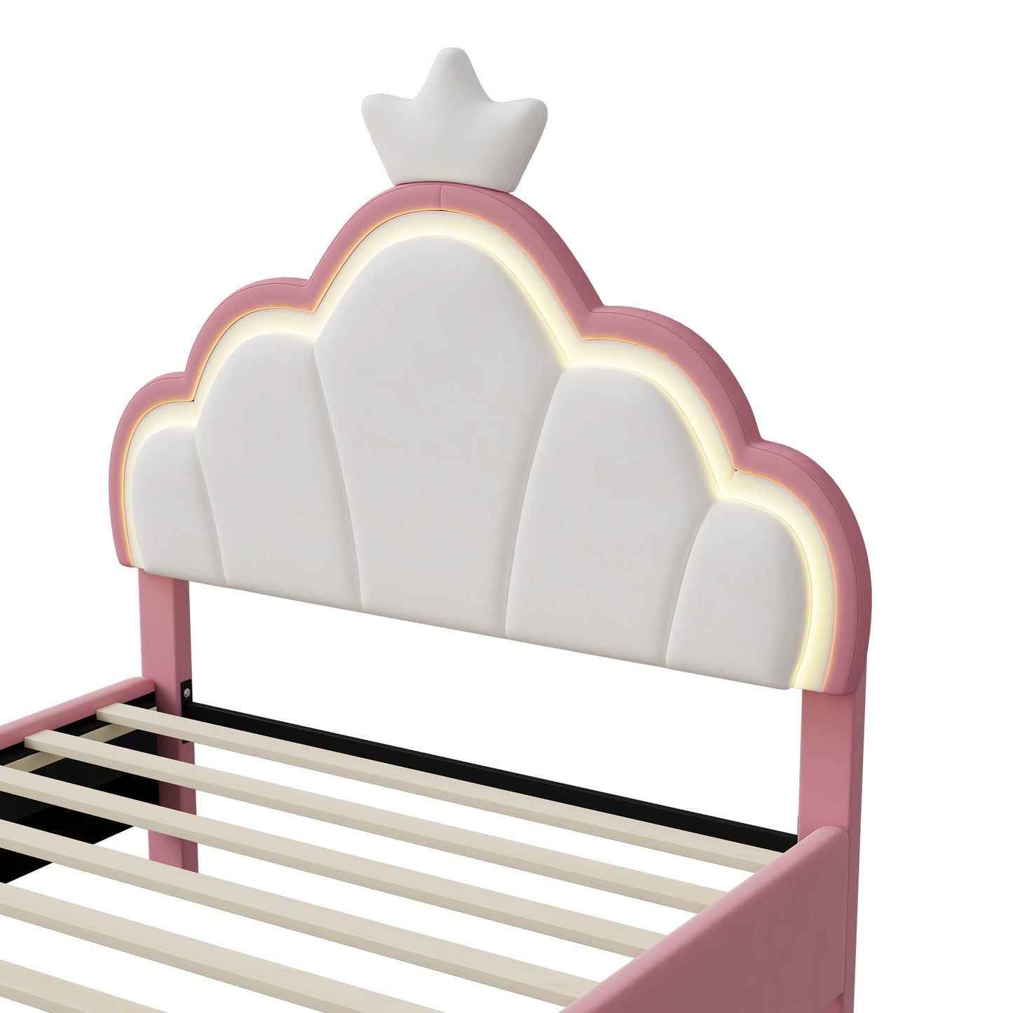 Modern Gestoffeerd Bed – Eenpersoonsbed – Led Bed – Sfeervol Bed – Gestoffeerd Slaapbed – 90x200 cm – LED-Verlicht Hoofdbord – Kroonmotief Design