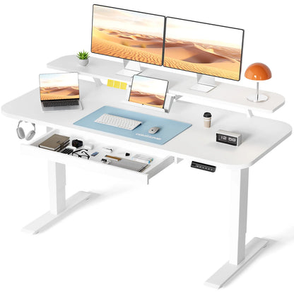 Zit-Sta Bureau - Bureau - Computerbureau - Kantoor Tafel - Werktafel - Verstelbaar - Elektrisch - 120x60cm - Monitorstandaard - Geheugenfunctie - Lade en Tabletstandaard - Ergonomisch - Wit - QUORE