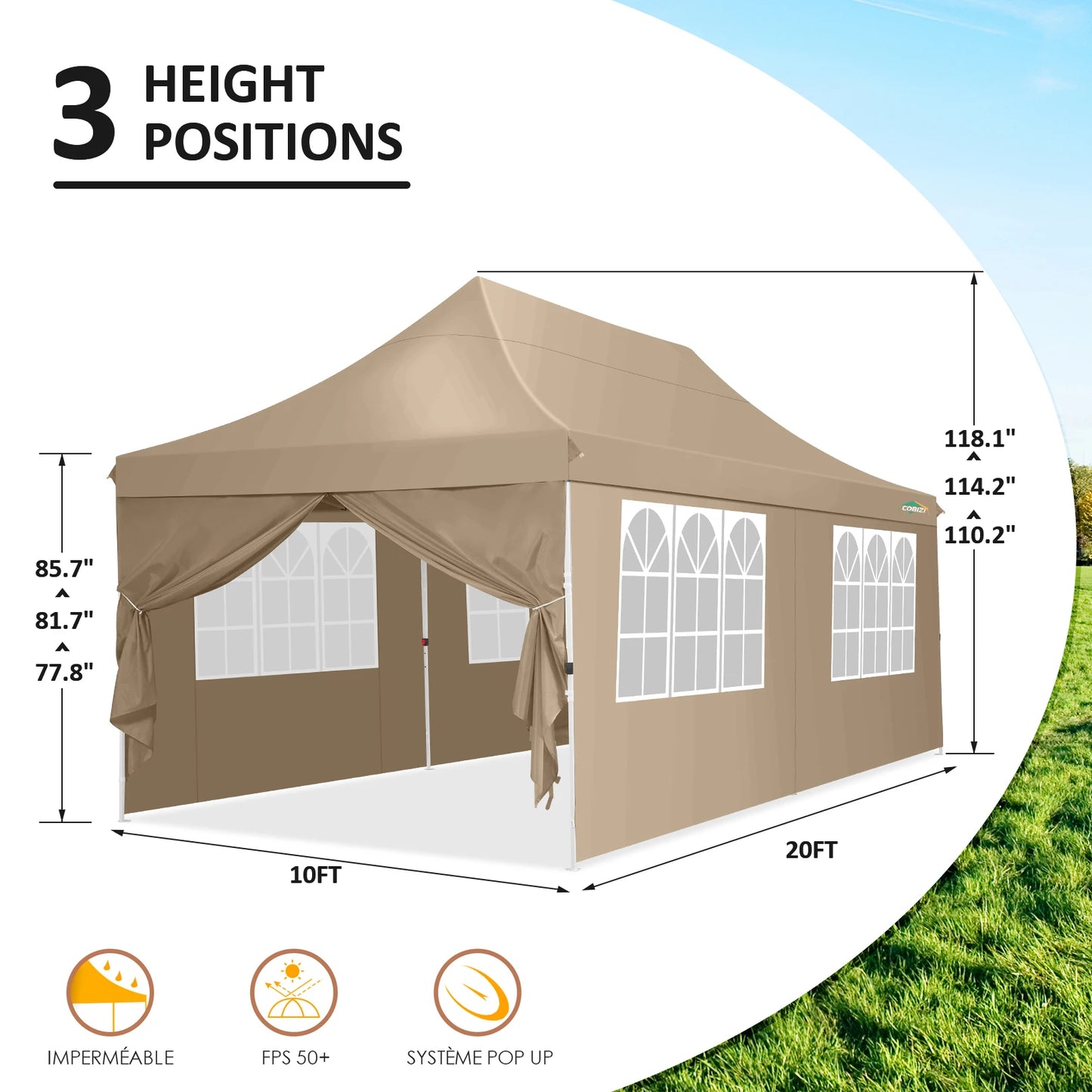 Partytent – Tuinklok – Tuinoverkapping – Pavilion – Overkapping – Waterdicht Oxford Stof – Verstelbare Hoogte – Afneembare Zijwanden - Khaki