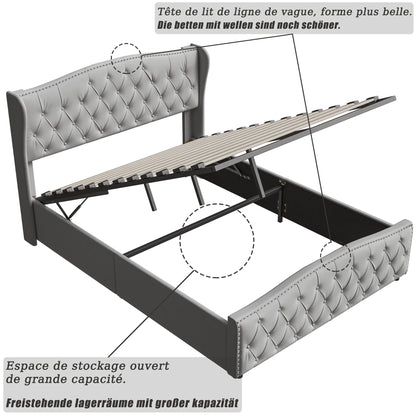 Bed – Bedframe – Tweepersoonsbed – Gestoffeerd Bed – Opbergbed – Lichtgrijs Fluweel – 140x200 cm, Lattenbodem