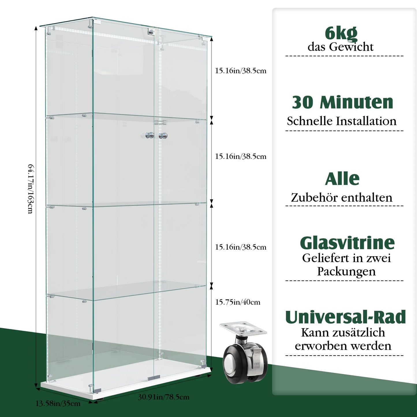 Glazen Vitrinekast – Displaykast – Vitrinekast Met Deuren – Opbergkast – Collectiekast – Wit Gelakt Hout Met LED-Verlichting – Veilig Slot - QUORE