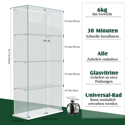 Glazen Vitrinekast – Displaykast – Vitrinekast Met Deuren – Opbergkast – Collectiekast – Wit Gelakt Hout Met LED-Verlichting – Veilig Slot - QUORE
