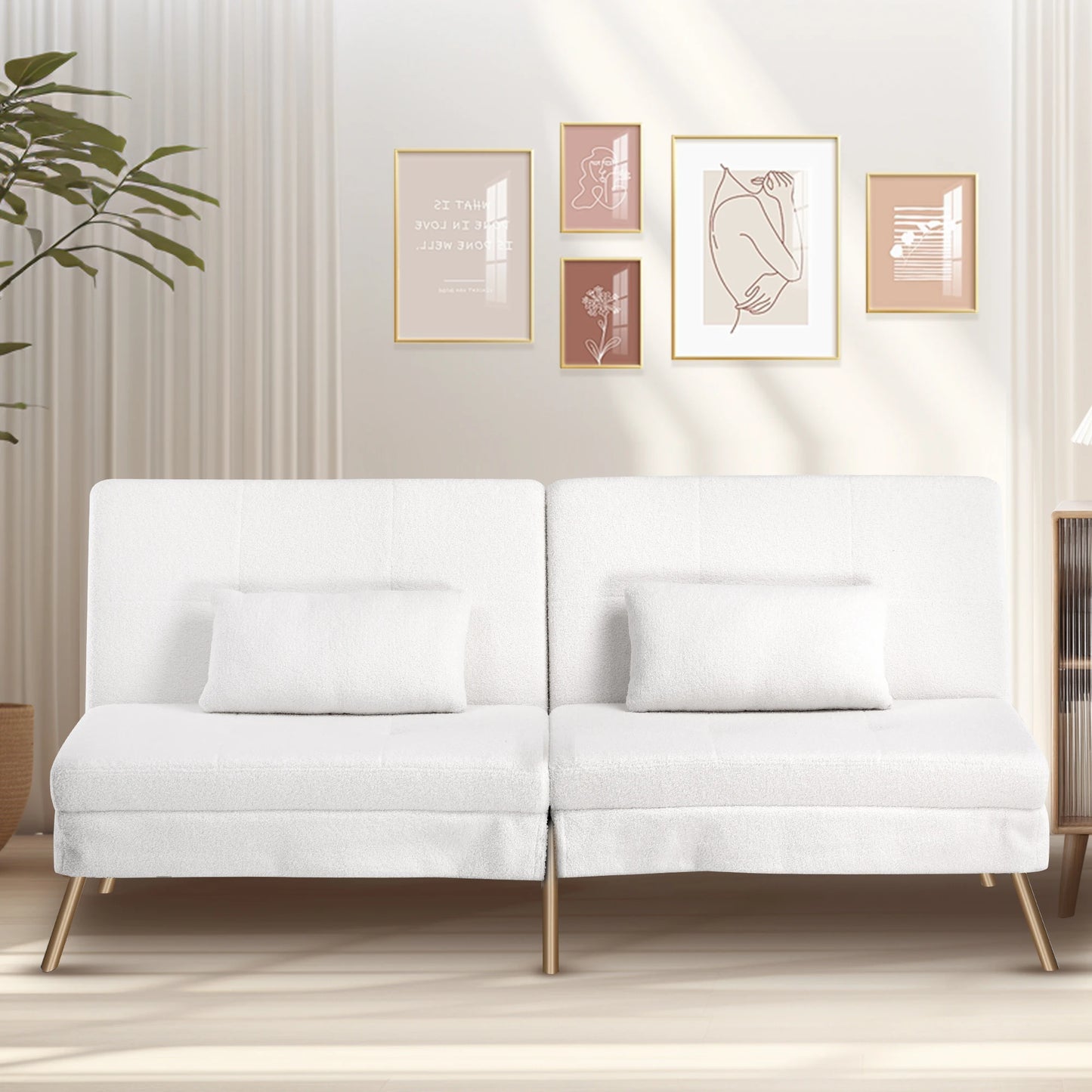 Hoekbank Met Slaapfunctie – 3-Zitsbank – Slaapbank – Loungebank – Verstelbare Rugleuning – Katoenen Fluweel – Metalen Frame - Wit