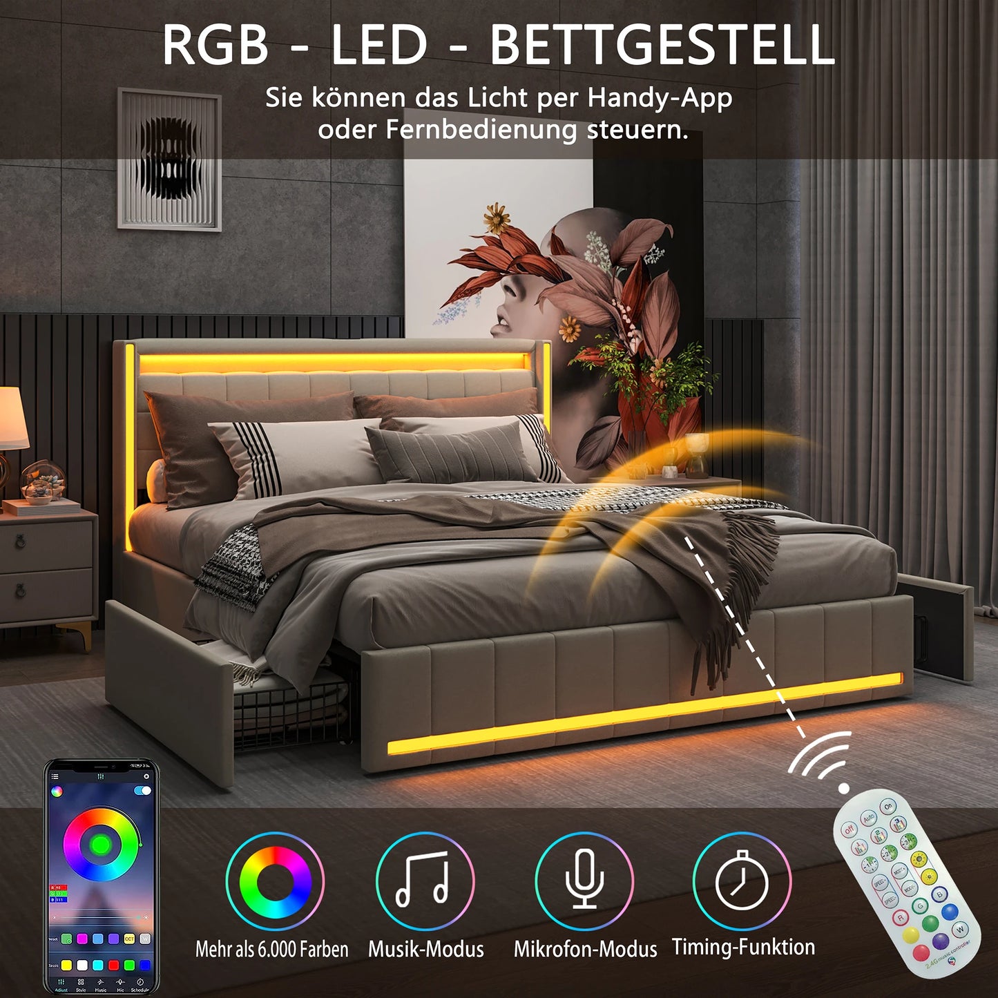 Gestoffeerd Bed – Bedframe – Slaapbank – Bed met Opbergladen – Linnen Bed – 140x190 cm – LED Verlichting – USB Oplaadpoort – Beige – 4 Grote Lades – Zonder Matras