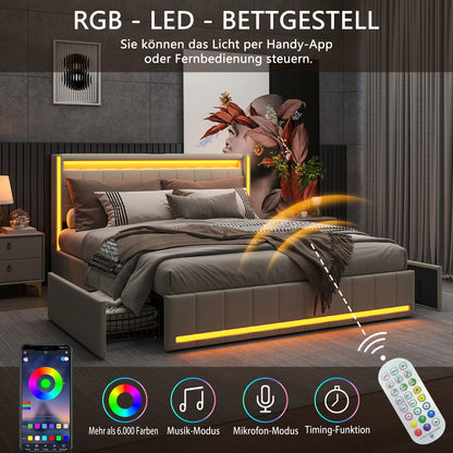 Gestoffeerd Bed – Bedframe – Slaapbank – Bed met Opbergladen – Linnen Bed – 140x190 cm – LED Verlichting – USB Oplaadpoort – Beige – 4 Grote Lades – Zonder Matras