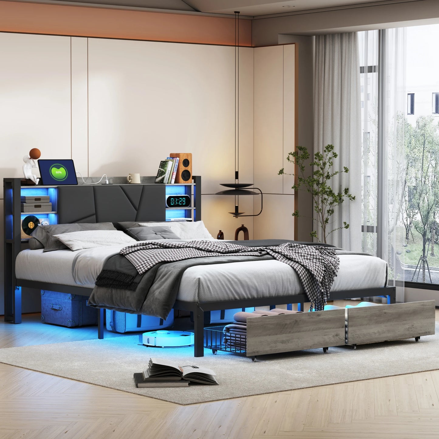 Metalen Tweepersoonsbed – Stalen Bedframe – Opbergbed – Led-verlicht Bed – Bed met Laden – 140x200 cm – Ingebouwde USB Poorten – RGB LED Verlichting