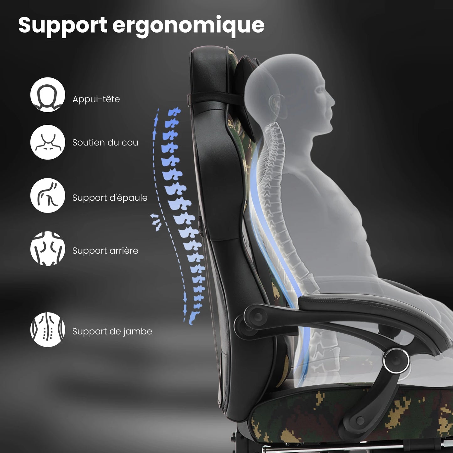 Ergonomische Gaming- en Bureaustoel – Comfortabele Werkstoel – Verstelbare Rugleuning – Voetensteun – Kunstleer – Maximale Draagkracht 120 Kg – Zwenkwielen - Camouflage