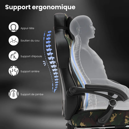 Ergonomische Gaming- en Bureaustoel – Comfortabele Werkstoel – Verstelbare Rugleuning – Voetensteun – Kunstleer – Maximale Draagkracht 120 Kg – Zwenkwielen - Camouflage