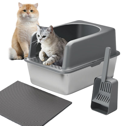 RVS Kattenbak - Kattentoilet Roestvrijstaal - Kattenbak - Open kattenbak - Geurvrij - met Kattenbakschep en Zandpad - 51x36x30cm - voor Katten - Grijs