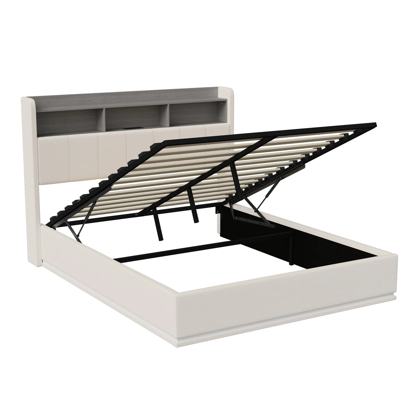 Gestoffeerd tweepersoonsbed – Tweepersoonsbed met opbergruimte – Bedframe – Slaapbed – Led-bed – Grijs Velvet – 160x200 cm – Ingebouwde LED-lichtbar – Gasdrukveer opbergruimte