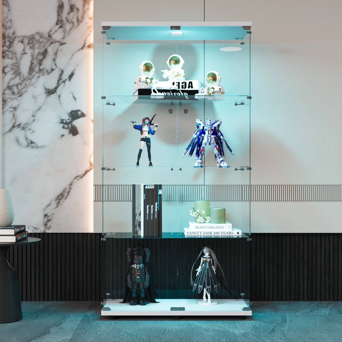 Vitrinekast – Glazen Displaykast – Collectiekast – Boekenkast – Showkast – Wit – 4 Transparante Legplanken – LED-Verlichting – Slot
