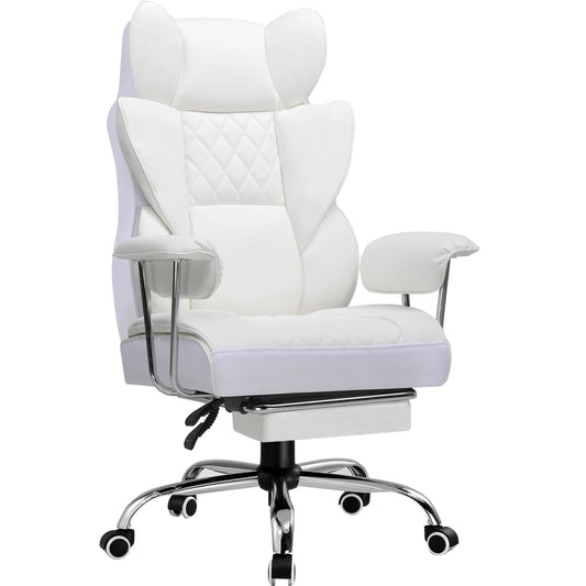 Ergonomische Bureaustoel - Gaming Stoel - Bureaustoelen Stoelen - met Pocketvering Rugsteun -Verstelbare Voetsteun - Comfortabele Brede Zitting - 90-135° Kanteling - met Armleuningen en Wieltjes - Wit - Stof - QUORE