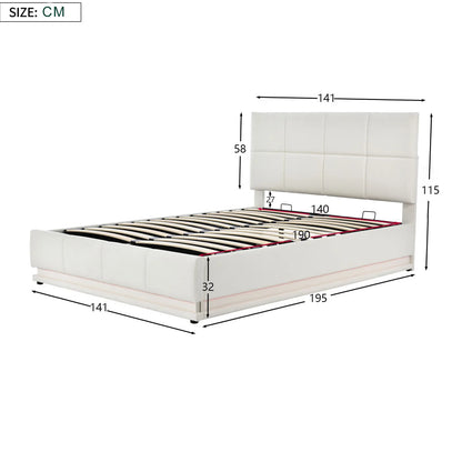 Bedframe 140 x 190 cm – Eenpersoonsbed – Opbergbed – Led Bed – Hydraulisch Liftbed – Verstelbaar Hoofdbord – PU Bekleding – 16-Kleurige LED-Verlichting - QUORE