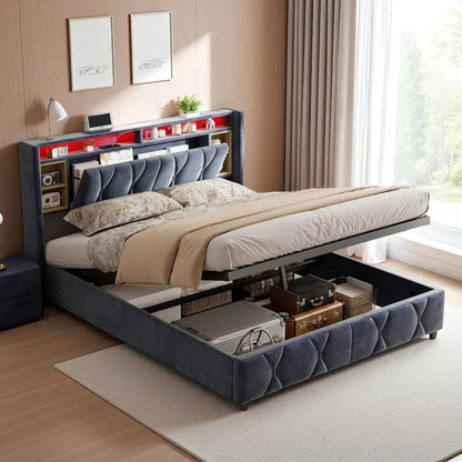 Tweepersoonsbed – Stoffen Bed – Opbergbed – Bedframe – Slaapbank – 160x200 cm – Grijze Veloursstoffering – USB Oplaadstation & Opbergruimte