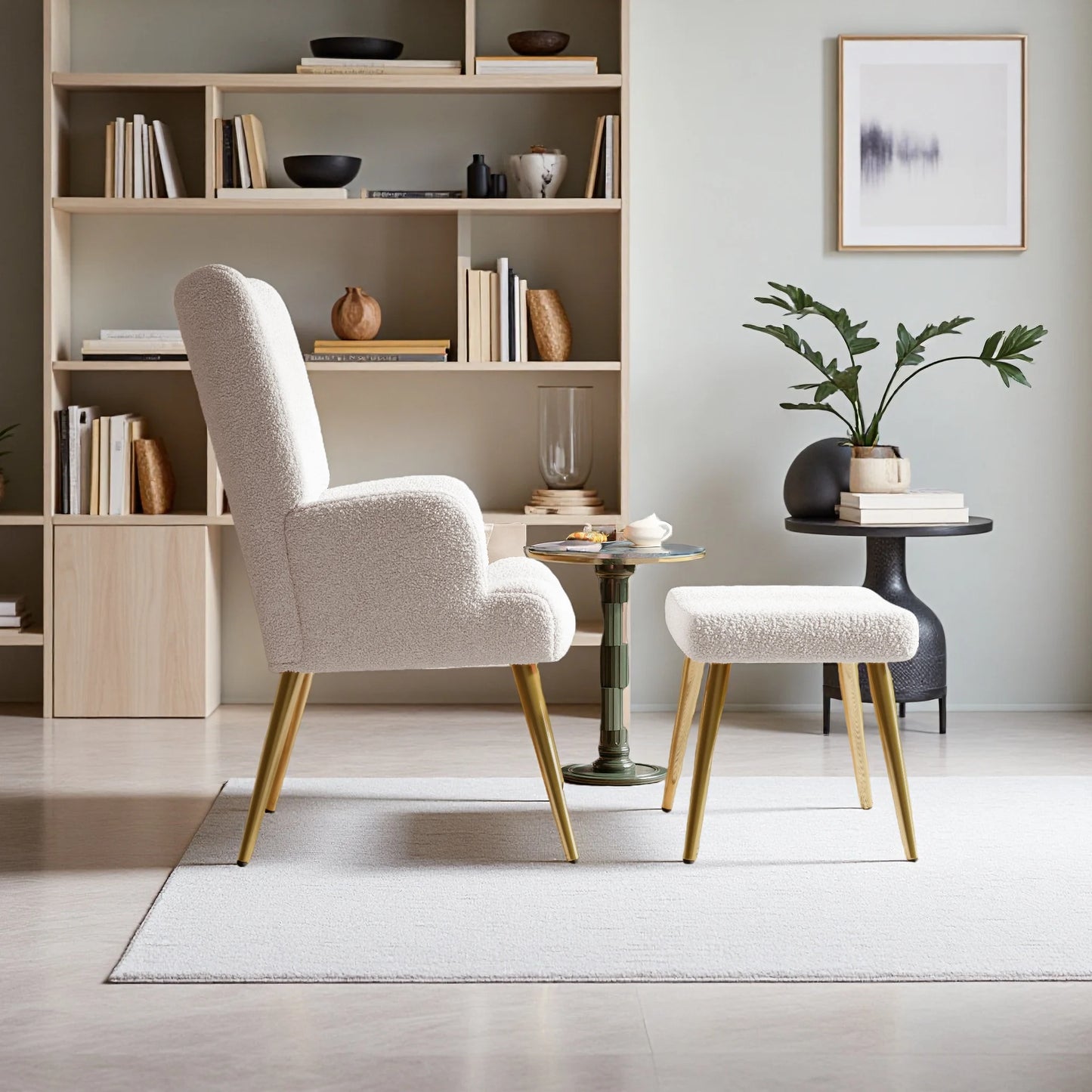 Wing Chair – Fauteuil – Loungestoel – Accentstoel – Relaxstoel – Lichtgrijs Teddy Velvet – Inclusief Voetenbank – Duurzame Dennenhouten Constructie