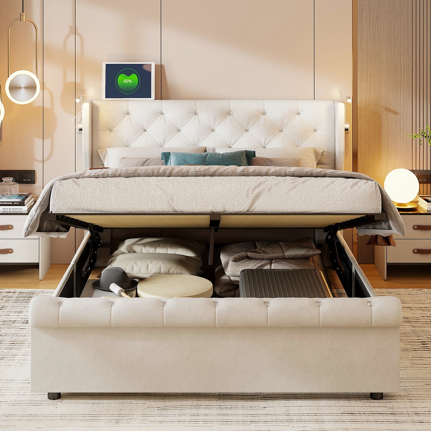 Boxspringbed – Boxspring – Tweepersoonsbed – Bed – Opbergbed – 160x200 cm – Hydraulische Opbergruimte – Velvet Gestoffeerd