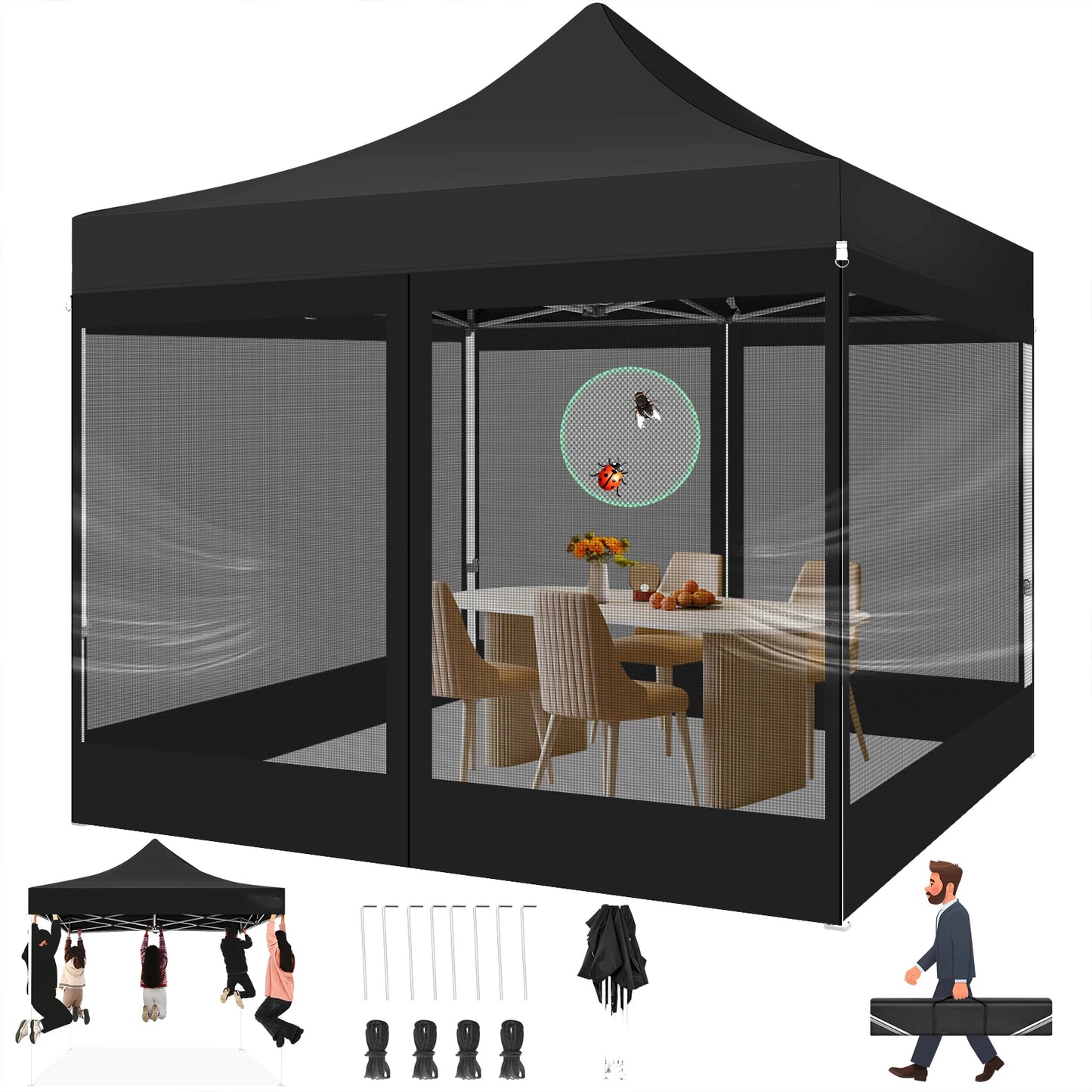 Opvouwbaar Tuinhuisje – Pop-Up Tent – Overkapping – Insectenbescherming – Waterdicht Oxford – Drie Verstelbare Hoogtes - Zwart - QUORE