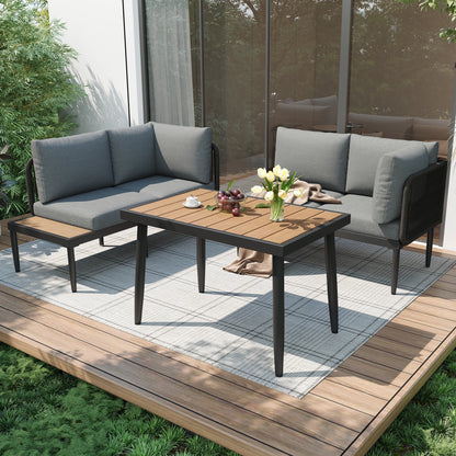Tuinset – Hoekbank Tuinmeubel – Buitenmeubel – Terrasset – Verzonken Stalen Frame – Kunststof-Houten Tafelblad – Handgeweven Touwen
