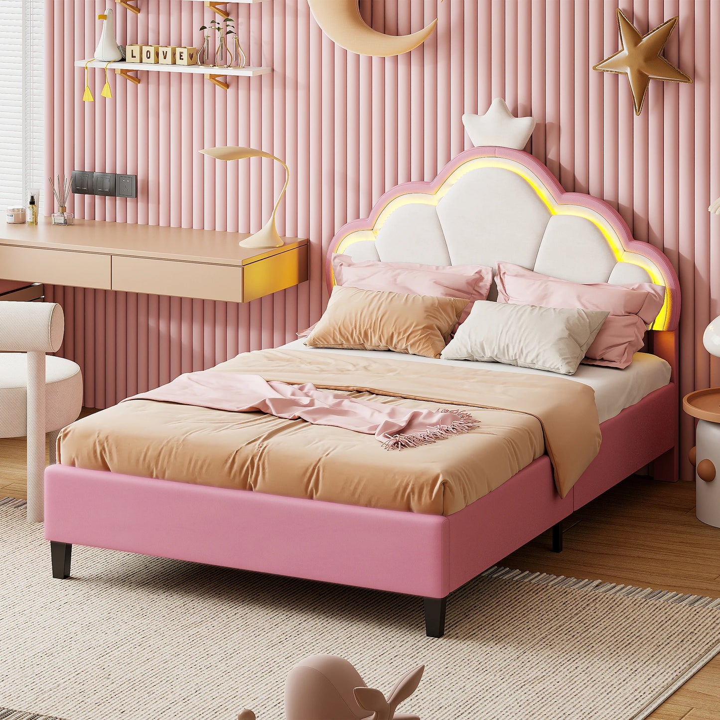 Modern Gestoffeerd Bed – Eenpersoonsbed – Led Bed – Sfeervol Bed – Gestoffeerd Slaapbed – 90x200 cm – LED-Verlicht Hoofdbord – Kroonmotief Design