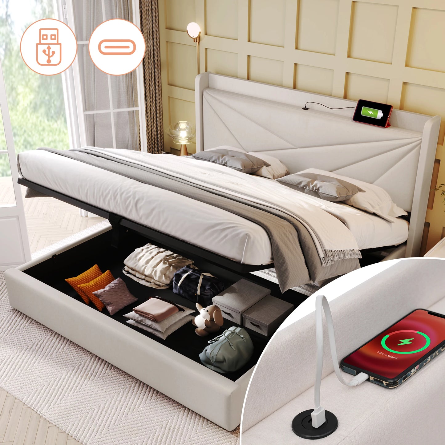 Gepolsterd Bed – Bedframe – Opbergbed – Slaapbed – Linnen Bed – 160x200 cm – Met USB Type-C Oplaadpoort – Luxe Beige Geometrisch Hoofdeinde