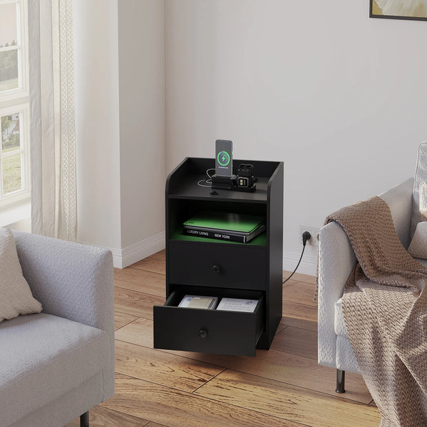 WOLTU Bedside Table with Charging Station USB Sockets Ports Side Table with LED Light Overbed Table Wooden Bedroom Furniture (Copy)