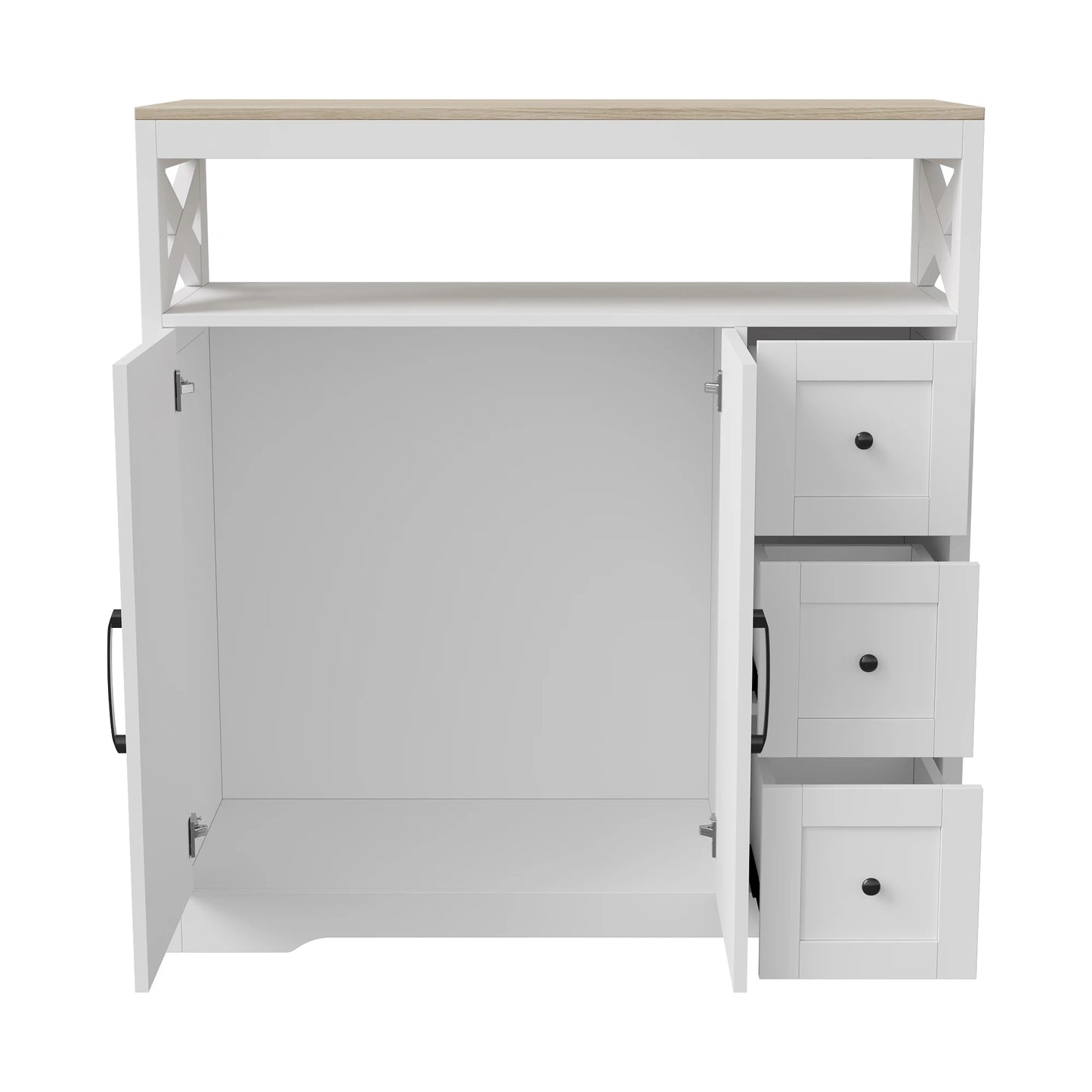 Houten Dressoir – Opbergkast – Sideboard – Kast – Ladekast – Wit Met Houtaccenten – 3 Laden & 2 Deuren – Compact 100x40x72,3 cm