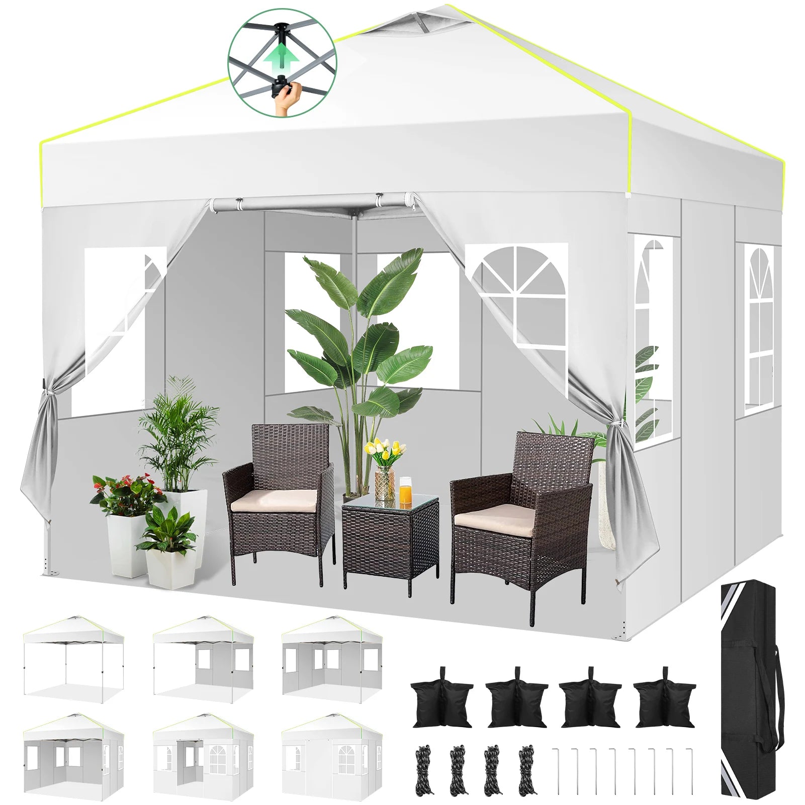 Partytent – Opzetbare Tent – Vouwtent – 3x3 Meter Partytent – Waterbestendig Oxford Doek – Verstelbare Hoogte - Wit - QUORE