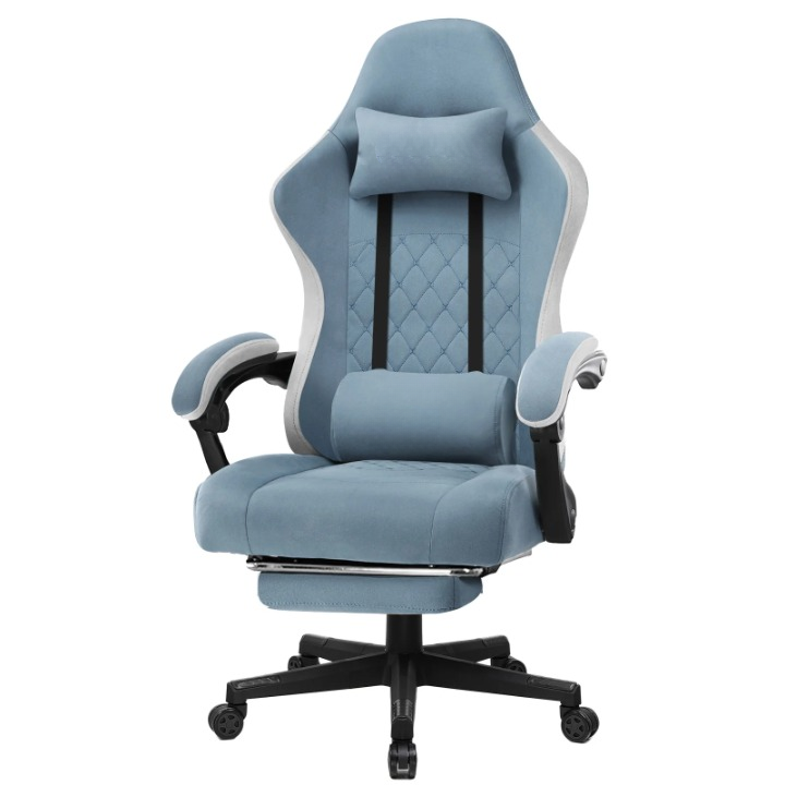 Gaming Stoel - Bureaustoel - Swivel Stoel - met Voetsteun - Hoofdsteun - Verstelbare - Rugleuning - Lendenkussen - Ergonomische - Draaibare - 55 x 50 x 130 cm - Lichtblauw - QUORE