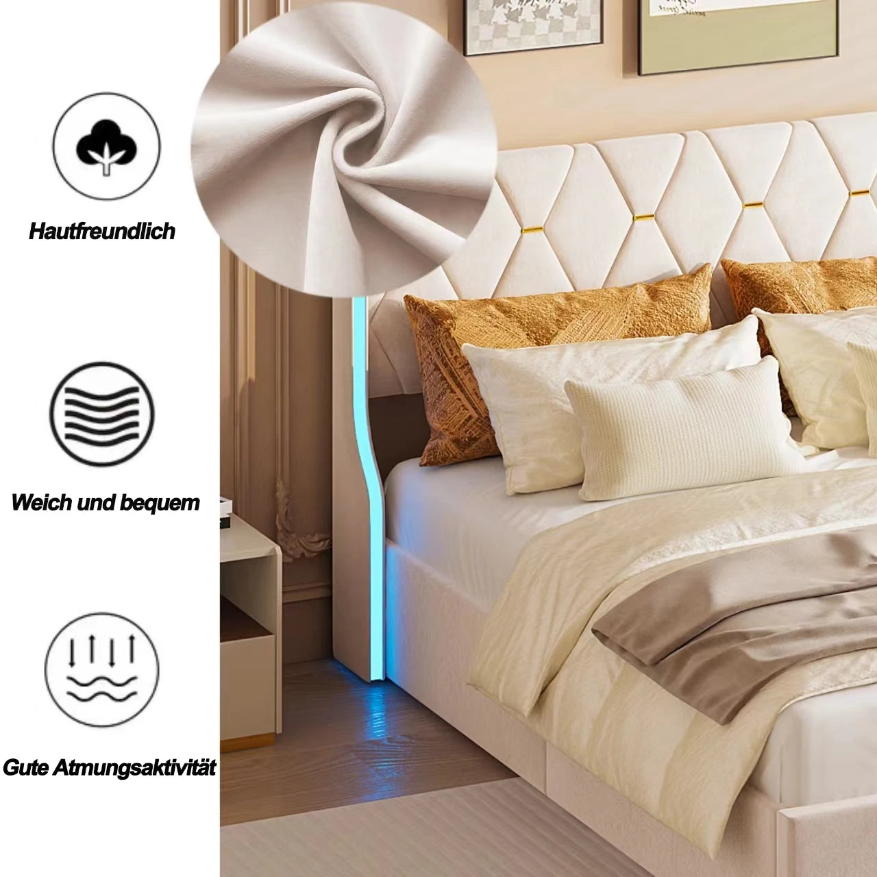 Opbergbed – Bedframe – Led Bed – Ladebed – Slaapbank – 140x200 cm – Inclusief Instelbare LED-Verlichting – 4 Ruime Opberglades